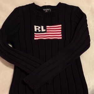 Vintage Polo by Ralph Lauren Women's Black Sweater with Red and White Detail